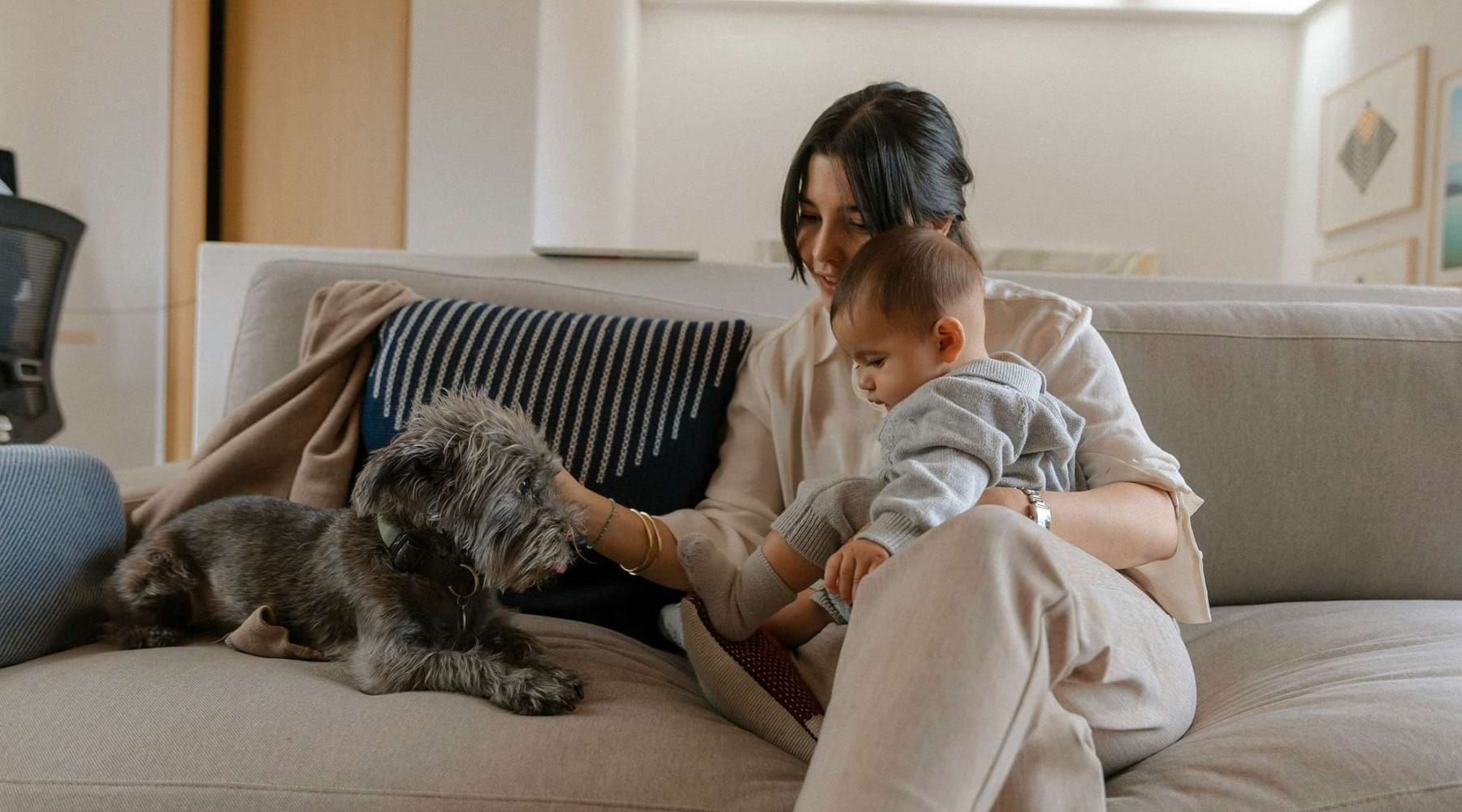a mom holding her baby and petting her dog